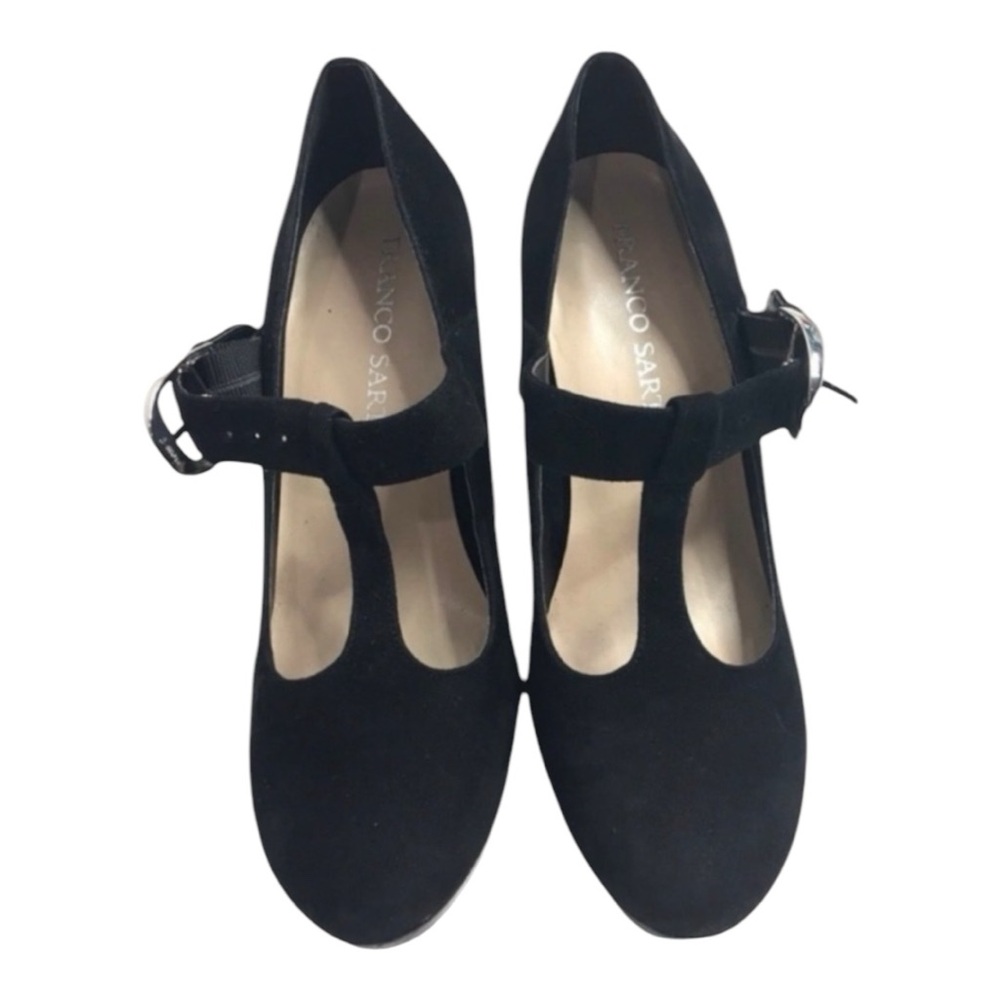 Franco Sarto Nalia T-Strap Black Suede Heels Size 10